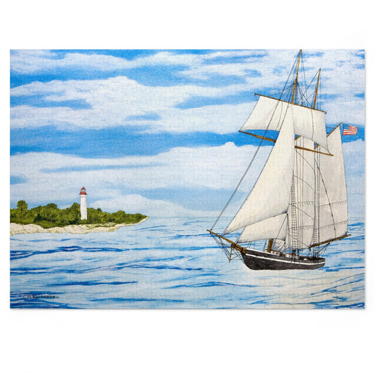 Pleasant Breeze Off Cape May features a small topsail schooner as it enters the Delaware Bay and rounds the point in view of the Cape May, New Jersey Lighthouse. The Gallery wrap image is a reproduction of an original watercolor by Lee M. Buchanan .