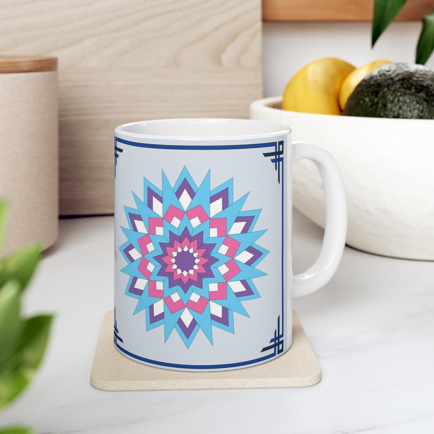 Enjoy a cup of your favorite hot beverage as you plan your new quilting project! The Star Burst Quilt Design 11 oz. Mug is a reproduction of a fine art design by artist Lee M. Buchanan and has the image on the front and back of the mug. This colorful design blends shades of red, blue and white into a classic star design.  If you love to quilt or appreciate the style and craftsmanship involved, this mug will be a favorite part of your quilting enjoyment!