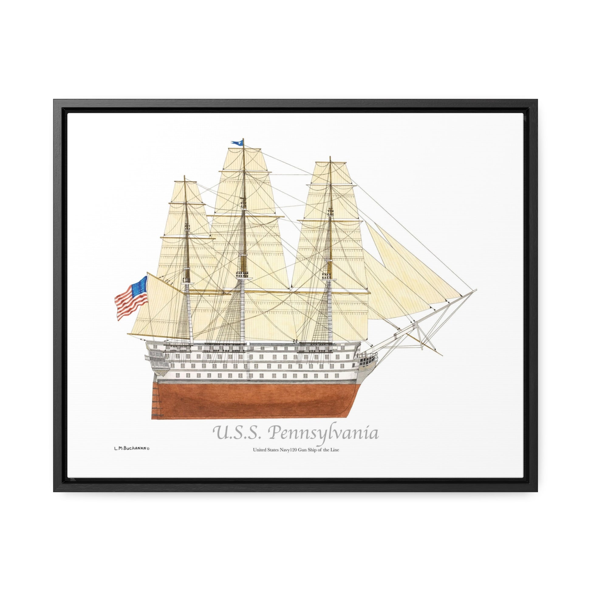 Let your interests in U.S. history be reflected in the artwork adorning your walls. The U.S.S. Pennsylvania  is a reproduction of a painting by Lee M. Buchanan. The U.S.S. Pennsylvania was a 120 gun first-rate ship of the line.