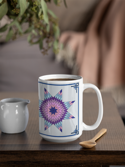 Enjoy a cup of your favorite hot beverage as you plan your new quilting project! The Star of Bethlehem Quilt Design 15 oz. Mug is a reproduction of a fine art design by artist Lee M. Buchanan and has the image on the front and back of the mug. This pattern style is usually listed in the Octogons, Diamonds and 8-Point Star group. If you love to quilt or appreciate the style and craftsmanship involved, this mug will be a favorite part of your quilting enjoyment!