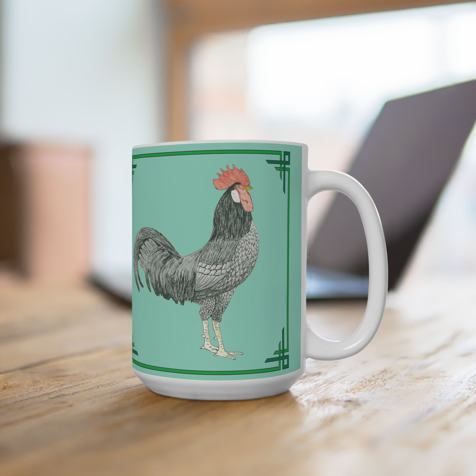 Enjoy your favorite beverage while you work on the laptop with our 15oz. Adam Rooster mug