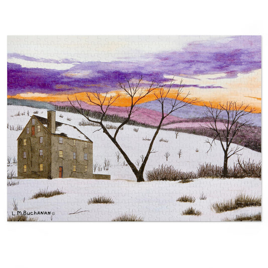The Shades of Winter is a reproduction of a watercolor painting by artist Lee M. Buchanan. At sunset, this old mill beckons us to come inside from the cold and snow. The 500 piece puzzle is made with high-quality chipboard pieces and ships in a metal box for a show stopping presentation. 