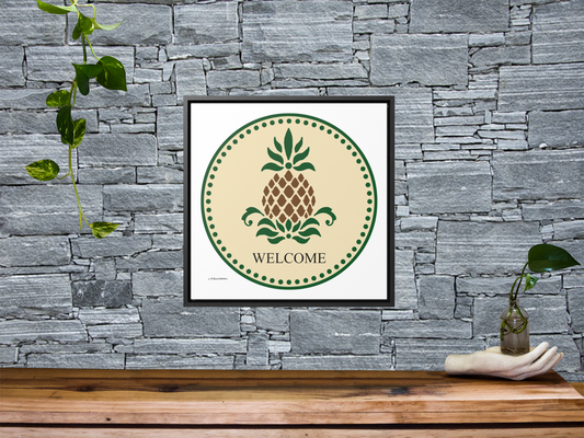 The Welcome Folk Art Design Gallery Wrapped Art Print is a reproduction of a fine art design by artist Lee M. Buchanan. The pineapple has long been a symbol of welcome and hospitality. Hang this stunning print on your wall and say "Welcome!" to all who visit and enjoy your special hospitality.