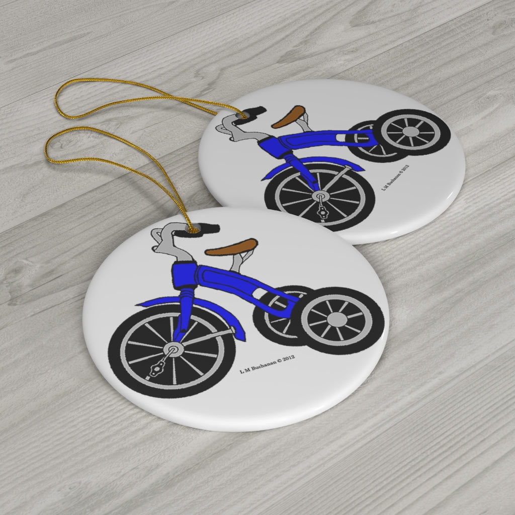 Blue Tricycle Round Ceramic Ornament