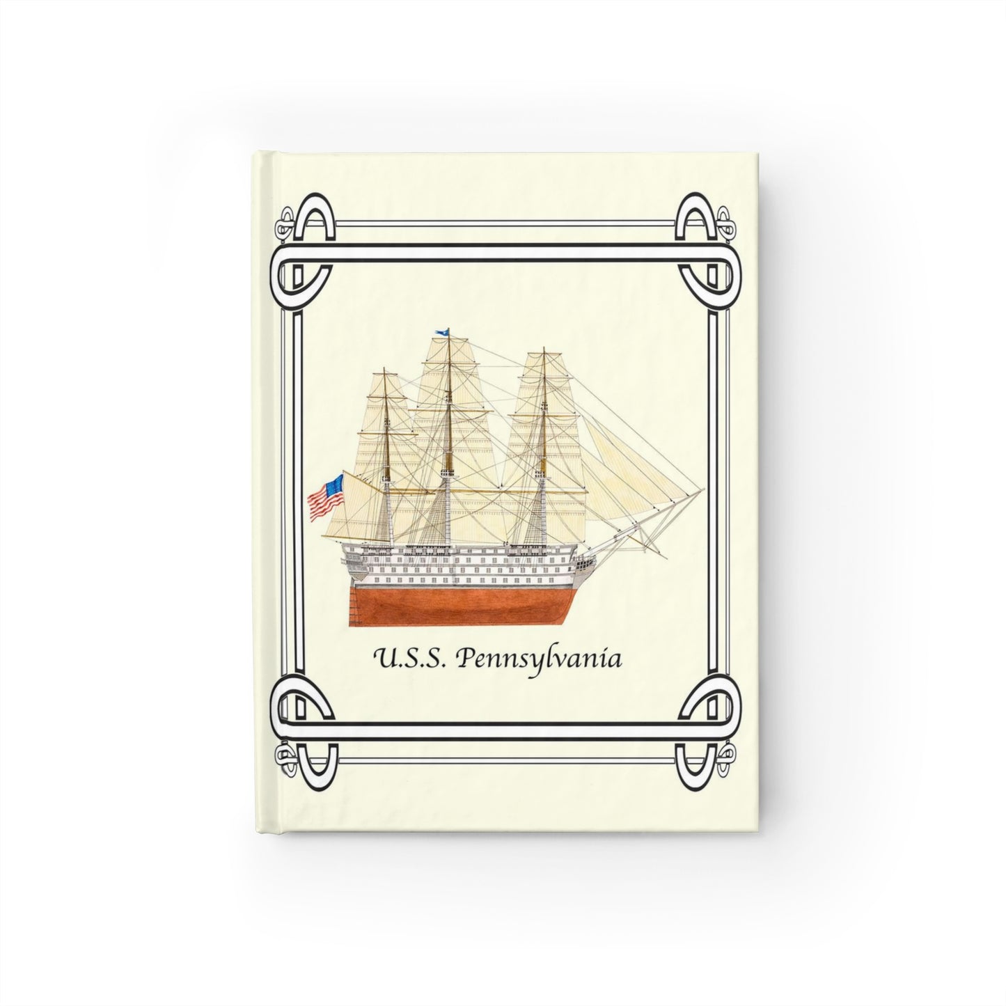 The U.S.S. Pennsylvania was a 120 gun first-rate ship of the line. A handsome Journal for the sailing enthusiast!   The journal design is a reproduction of an original watercolor by Lee M. Buchanan and has the image on the front and back of the book