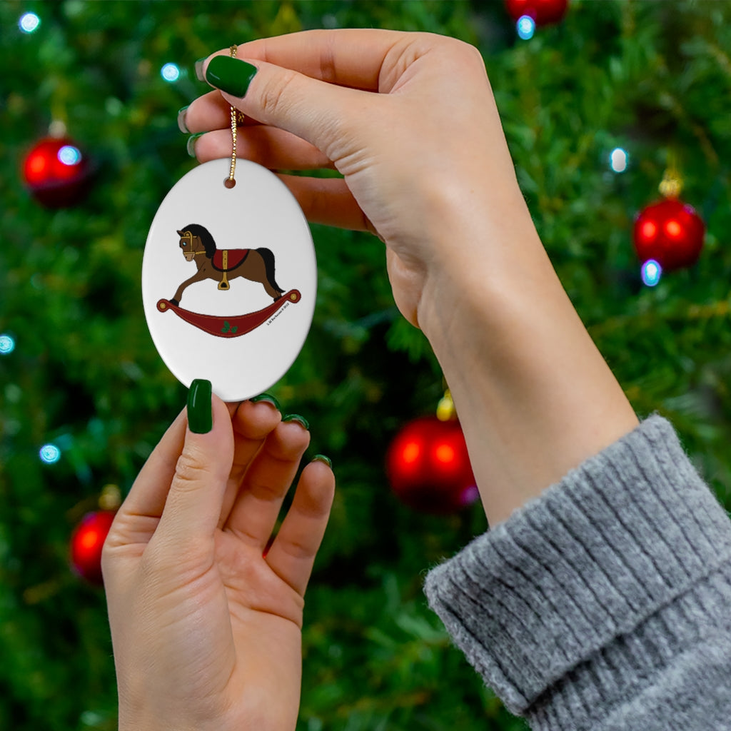 Brown and Red Rocking Horse Oval Ceramic Ornament