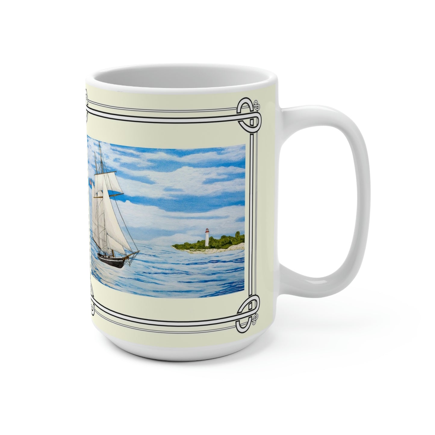 Pleasant Breeze Off Cape May features a small topsail schooner as it enters the Delaware Bay and rounds the point in view of the Cape May, New Jersey Lighthouse. The mug design is a reproduction of an original watercolor by Lee M. Buchanan and has the image on the front and back of the mug.