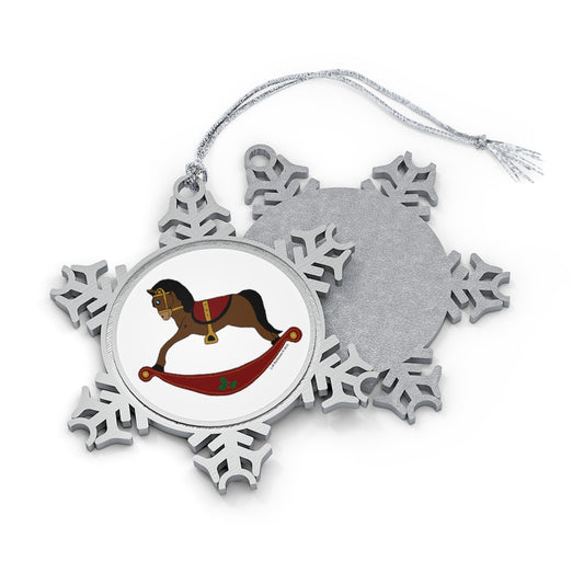 Brown and Red Rocking Horse Pewter Snowflake Ornament
