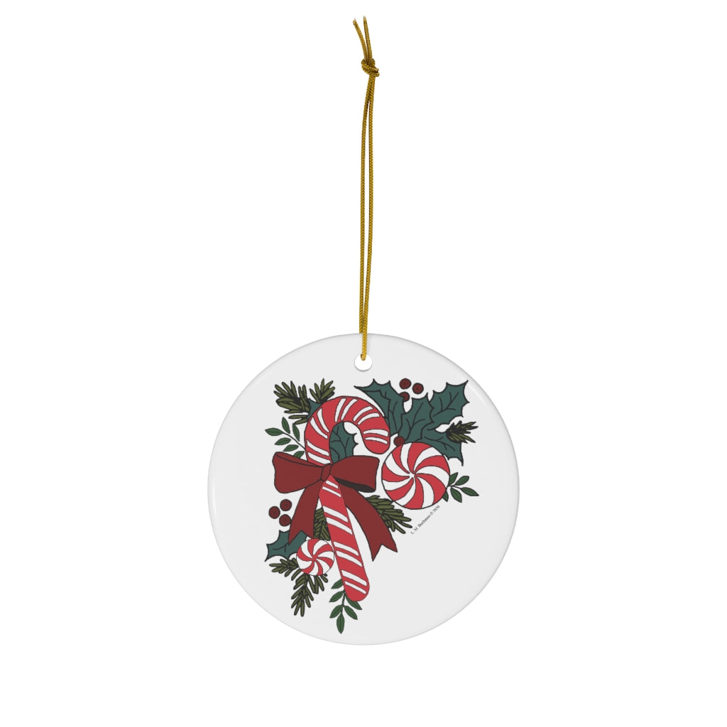 Candy Cane Favorites with Holly Round Ceramic Ornament
