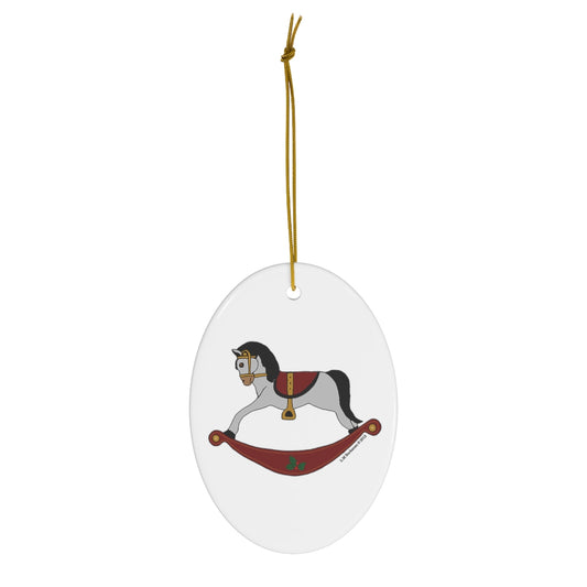 Grey and Red Rocking Horse Oval Ceramic Ornament