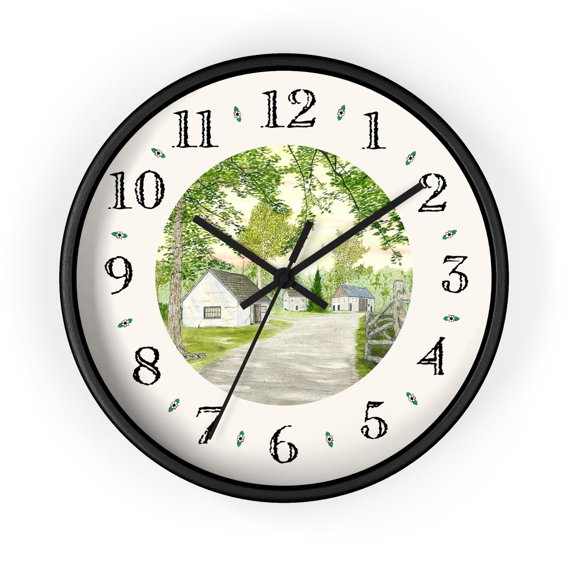 The Country Lane and Fence Heirloom Designer Clock will add a unique touch to any room in your home. The clock features a reproduction of a watercolor painting by artist Lee M. Buchanan and has hand-drawn country designs between the numbers on the clock. 