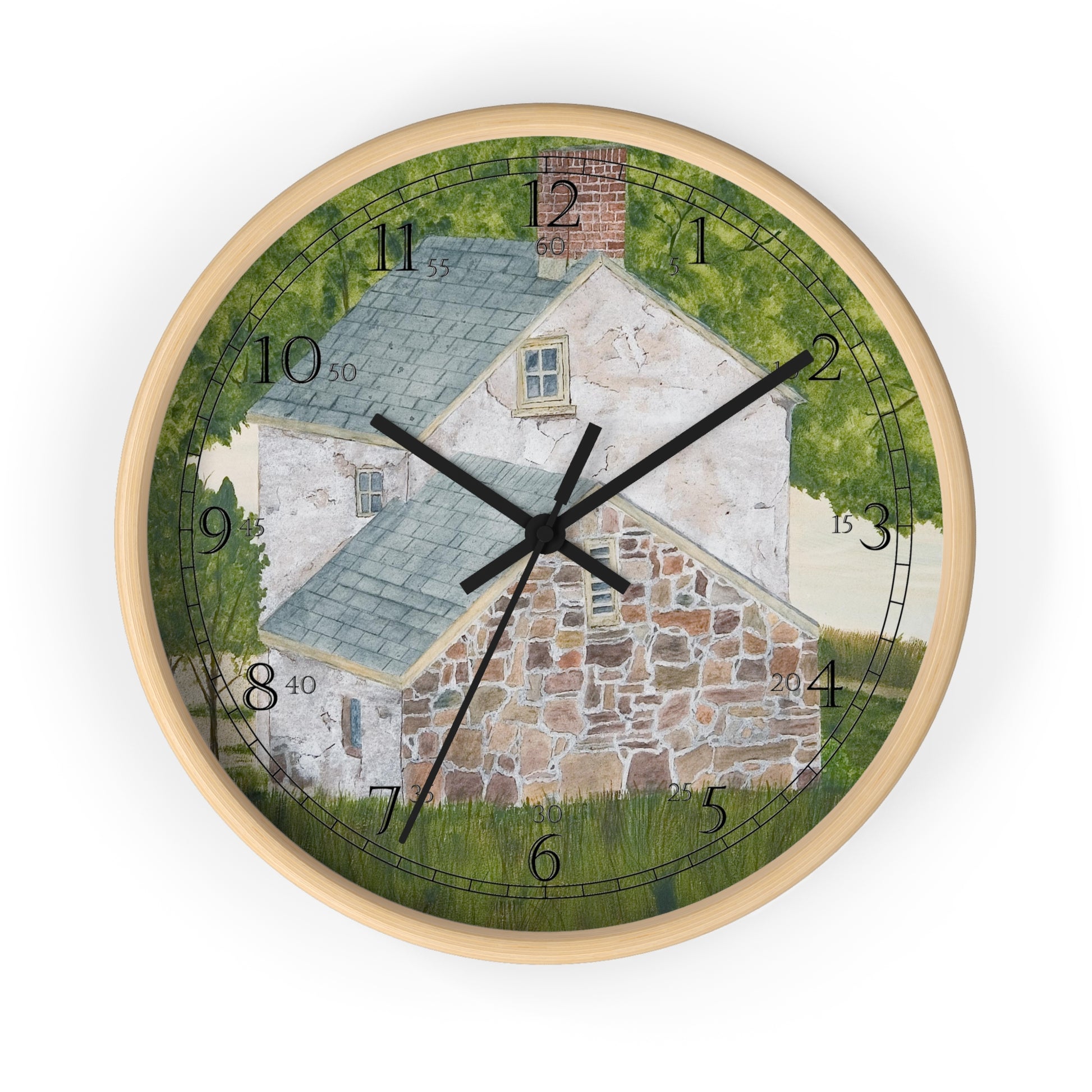 The Manor House By The Glen captures the spirit of an old farmhouse nestled in the trees in Pennsylvania’s Washington Crossing State Park. This restful scene reflects the feeling of Spring in the country. You'll enjoy the peaceful scene on this clock whenever you look at it.   The country scene shown in the clock is a reproduction of an original watercolor by Lee M. Buchanan.