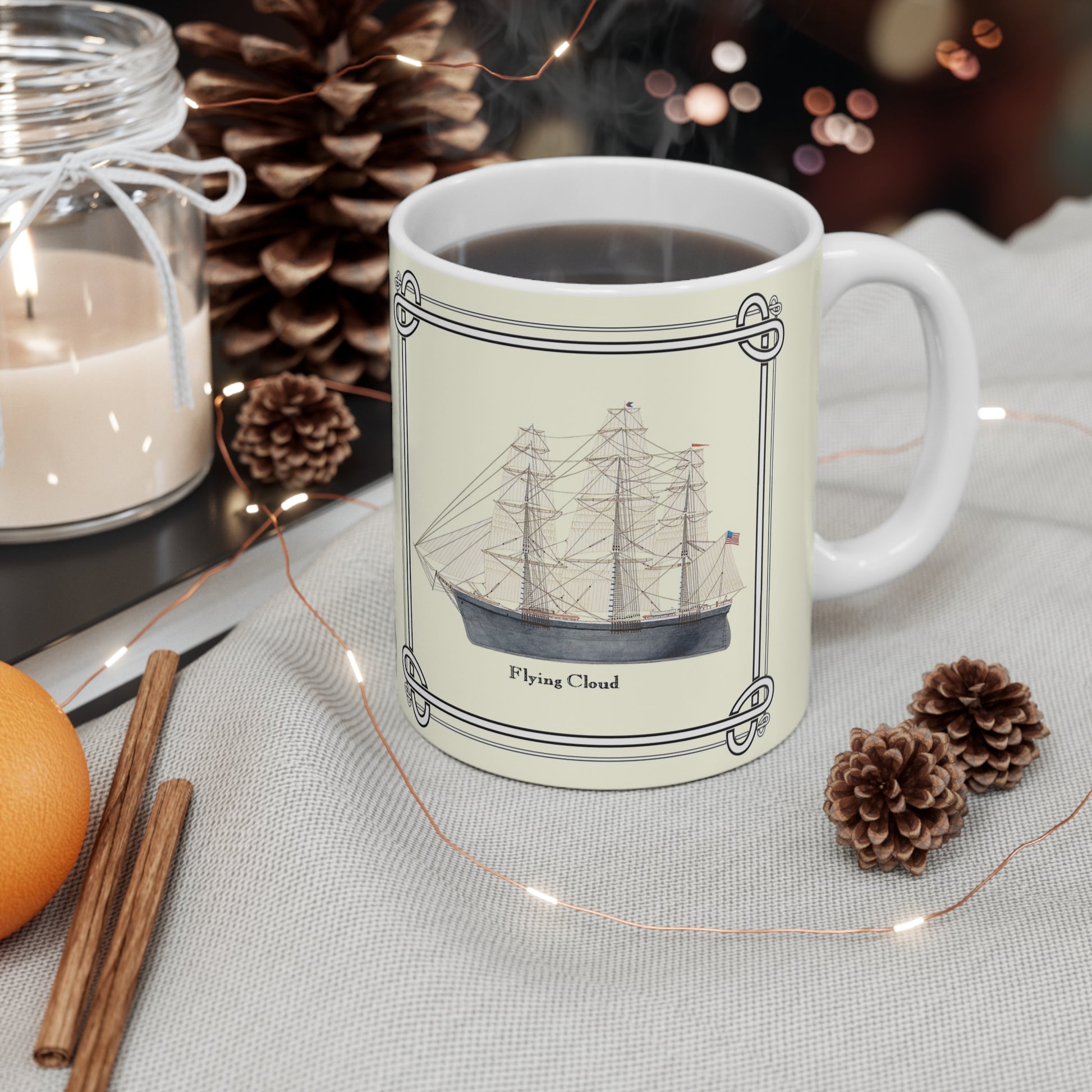 Enjoy your favorite beverage in the Clipper Flying Cloud 11 oz. mug anytime of the year. The mug makes a perfect gift for anyone who loves sailing or naval history.