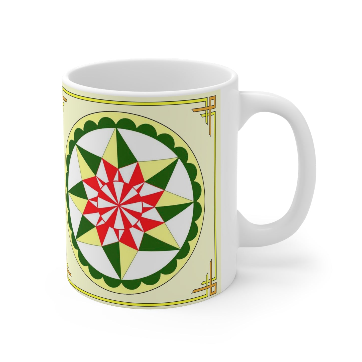 The Morning Star Folk Art Design is a reproduction of a fine art design by artist Lee M. Buchanan. Morning Star is based on a traditional 8 point star design and includes scalloping on the interior circular edges. The bright colors suggest morning and the top point of the star is at the traditional 12 o'clock position.