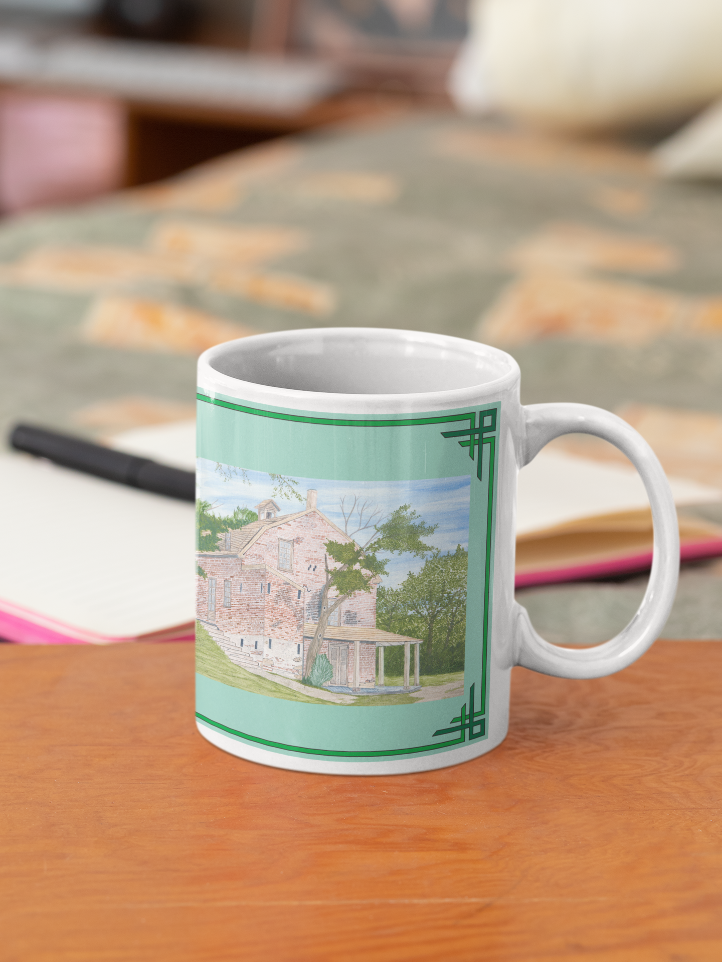 The General Store in New Jersey’s Basto Village State Park recalls a bygone day when the general store was the center of community activity. Enjoy a cup of Coffee, Tea or Hot Chocolate as you gaze at this delightful scene!   The General Store image is framed in Spring green to capture the beauty of the General Store in the freshness of the new season. The mug image is a reproduction of an original watercolor by Lee M. Buchanan.