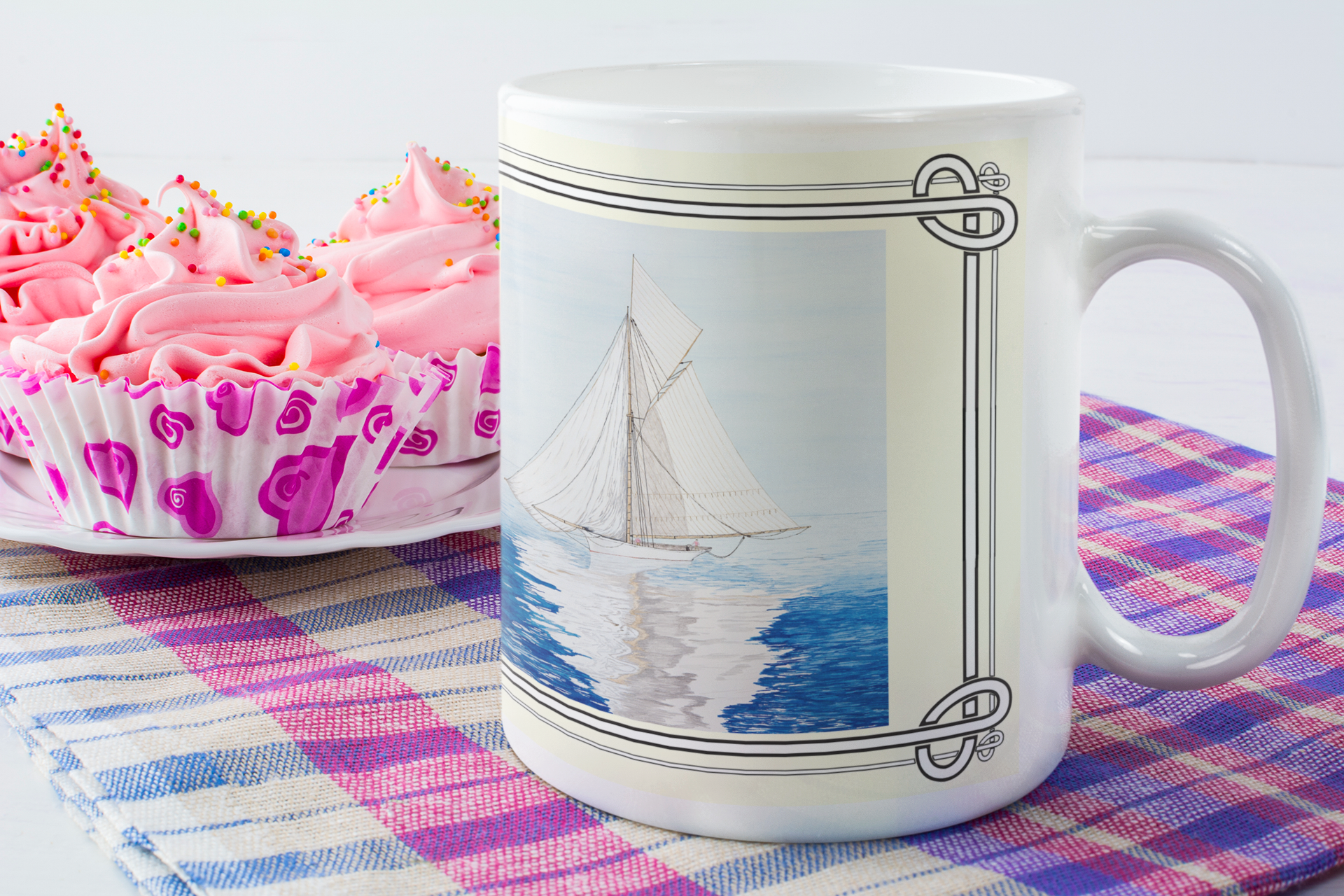 A cutter is becalmed on the run as the racer waits for a breeze on the dlownward leg of the race. The Becalmed 11 ounce mug is a reproduction of a watercolor painting by Lee M. Buchanan.