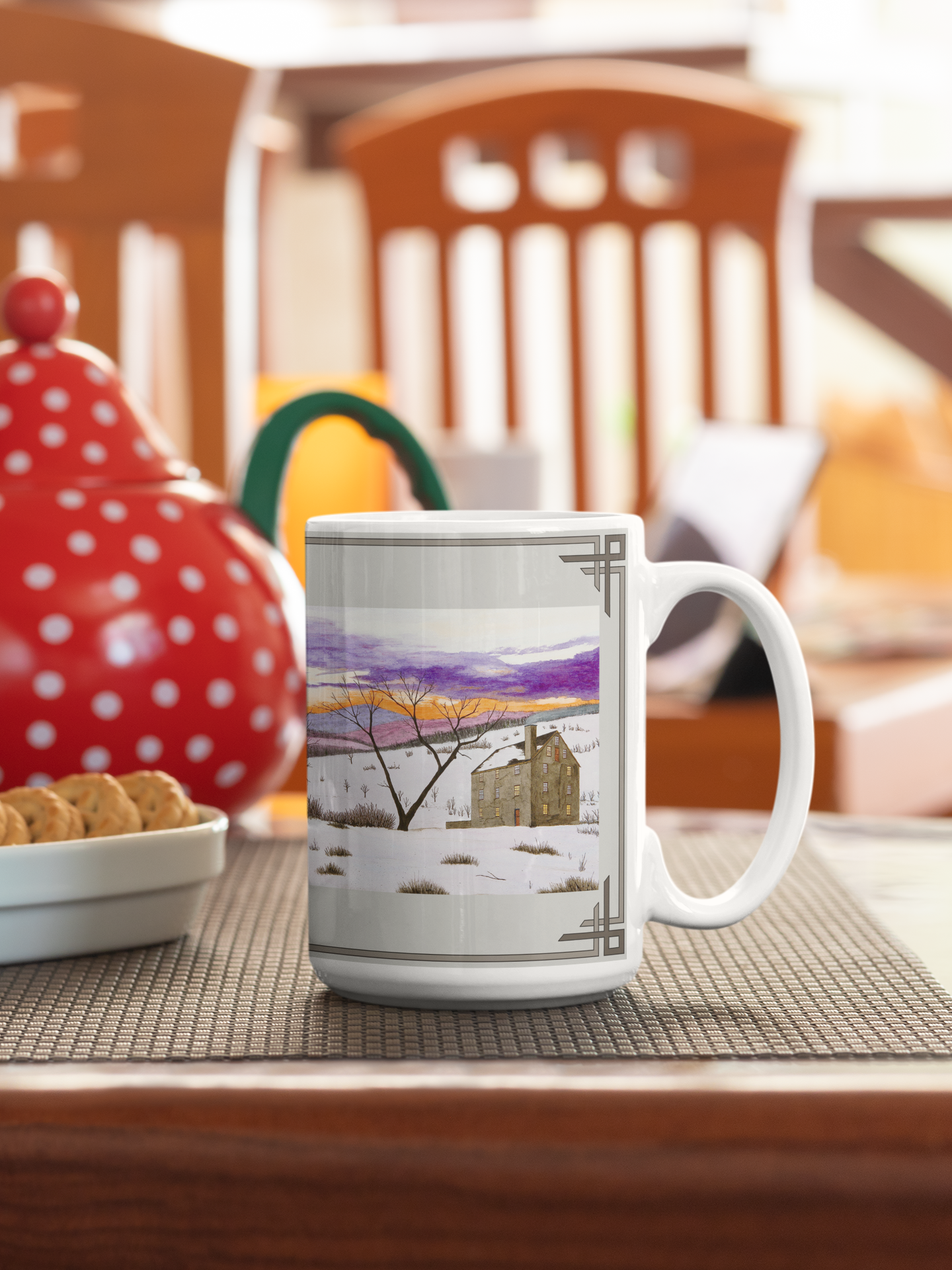 At sunset, this old farmhouse beckons us to come in from the snow and enjoy a mug of hot coffee, tea, or hot chocolate. In Winter, you'll appreciate being inside with your favorite hot beverage in this mug, and on a hot Sumer day, this charming snow scene will be a refreshing sight!      The mug design is a reproduction of an original watercolor by Lee M. Buchanan and has the image on the front and back of the mug.