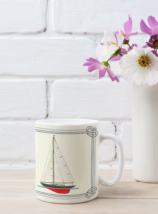 Twilight is a  Cruising Racing Sloop with the pleasing profile typical of those built in the 1930’s. The mug design is a reproduction of an original watercolor by Lee M. Buchanan and has the image on the front and back of the mug.