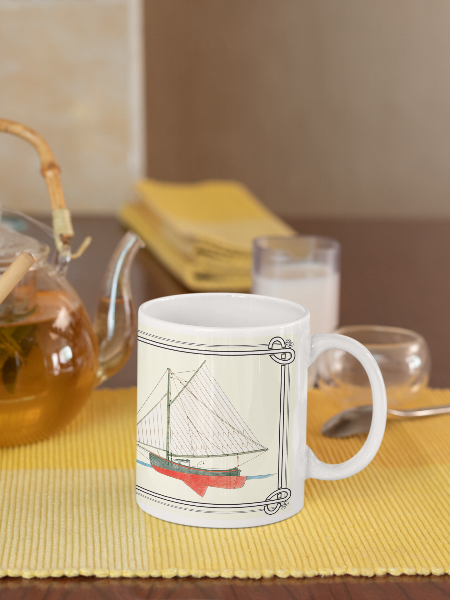 The Breeze is a Noank Fishing Sloop built in 1898 and is similar in style to the working Cape Cod catboats.The mug design is a reproduction of an original watercolor by Lee M. Buchanan and has the image on the front and back of the mug.
