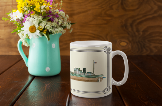 The Zephyr Diesel Tugboat was a New York Harbor Tug Boat with classic tugboat styling. The mug design is a reproduction of an original watercolor by Lee M. Buchanan and has the image on the front and back of the mug. 
