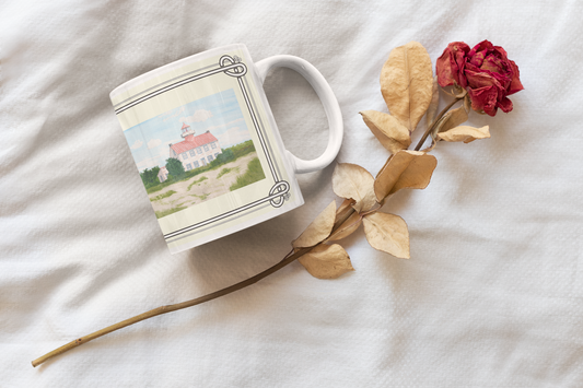 Enjoy a piece of New Jersey History as you enjoy coffee, tea or hot chocolate in this mug. The East Point Lighthouse marks the entrance to the Maurice River from the Delaware Bay.