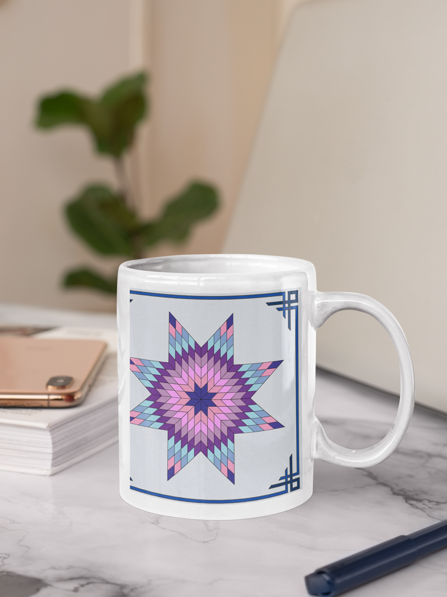 Enjoy a cup of your favorite hot beverage as you plan your new quilting project! The Star of Bethlehem Quilt Design 11 oz. Mug is a reproduction of a fine art design by artist Lee M. Buchanan and has the image on the front and back of the mug. This pattern style is usually listed in the Octogons, Diamonds and 8-Point Star group. If you love to quilt or appreciate the style and craftsmanship involved, this mug will be a favorite part of your quilting enjoyment!