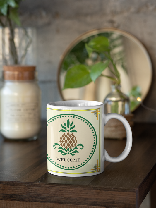 Start your day or entertain friends when you serve steaming cups of coffee, tea or hot chocolate in these attractive Welcome Folk Art Design mugs. The pineapple has long been a symbol of hospitality and a welcoming spirit and will be  appreciated by your guests.  The Welcome Folk Art Design image is a reproduction of a creative art design by artist Lee M. Buchanan