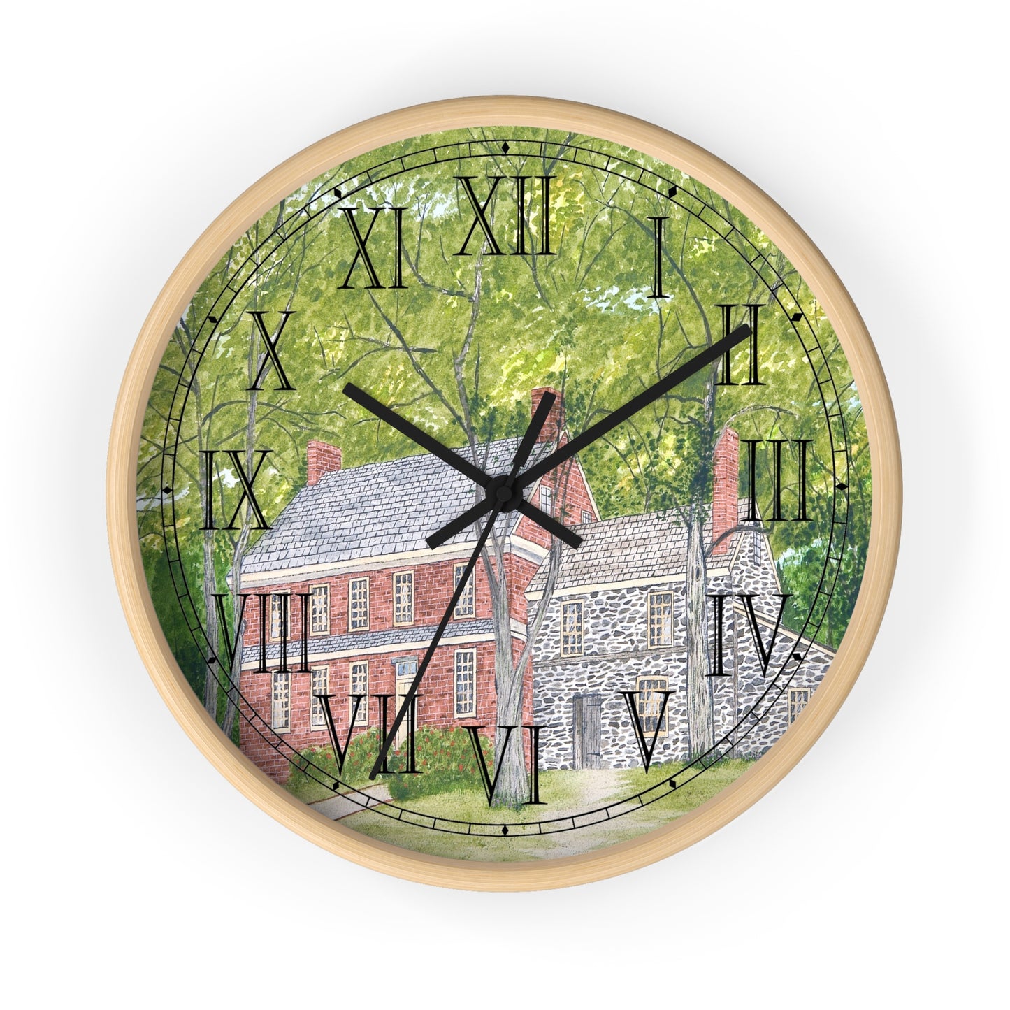 This stately Manor House, nestled in the trees, greets springtime with grace and dignity. It speaks of country charm with a sweeping lawn, lovely flowers, and a charming gazebo. You’ll relax and feel refreshed as you imagine yourself as a guest at the Manor House. This clock features Roman Numerals, and will give any room a classic touch.     The clock image is a reproduction of an original watercolor by Lee M. Buchanan. 