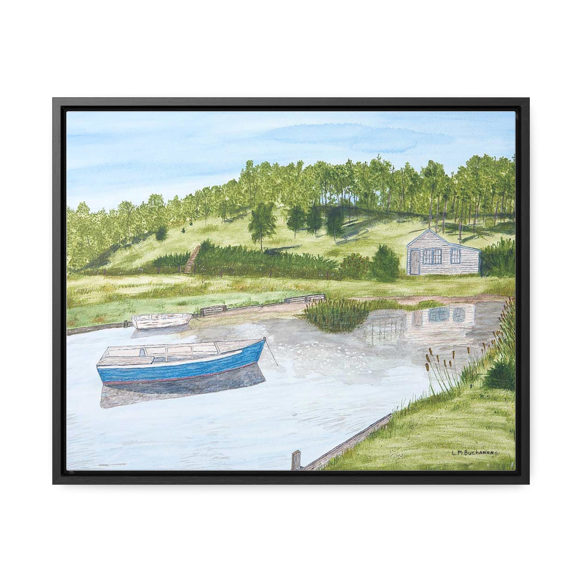  Fishermen's Cove is a reproduction of a watercolor painting by artist Lee M. Buchanan. A quiet and secluded inlet, tucked away on New England's Cape Cod provided a perfect Portrait of a fishermen's dream spot.