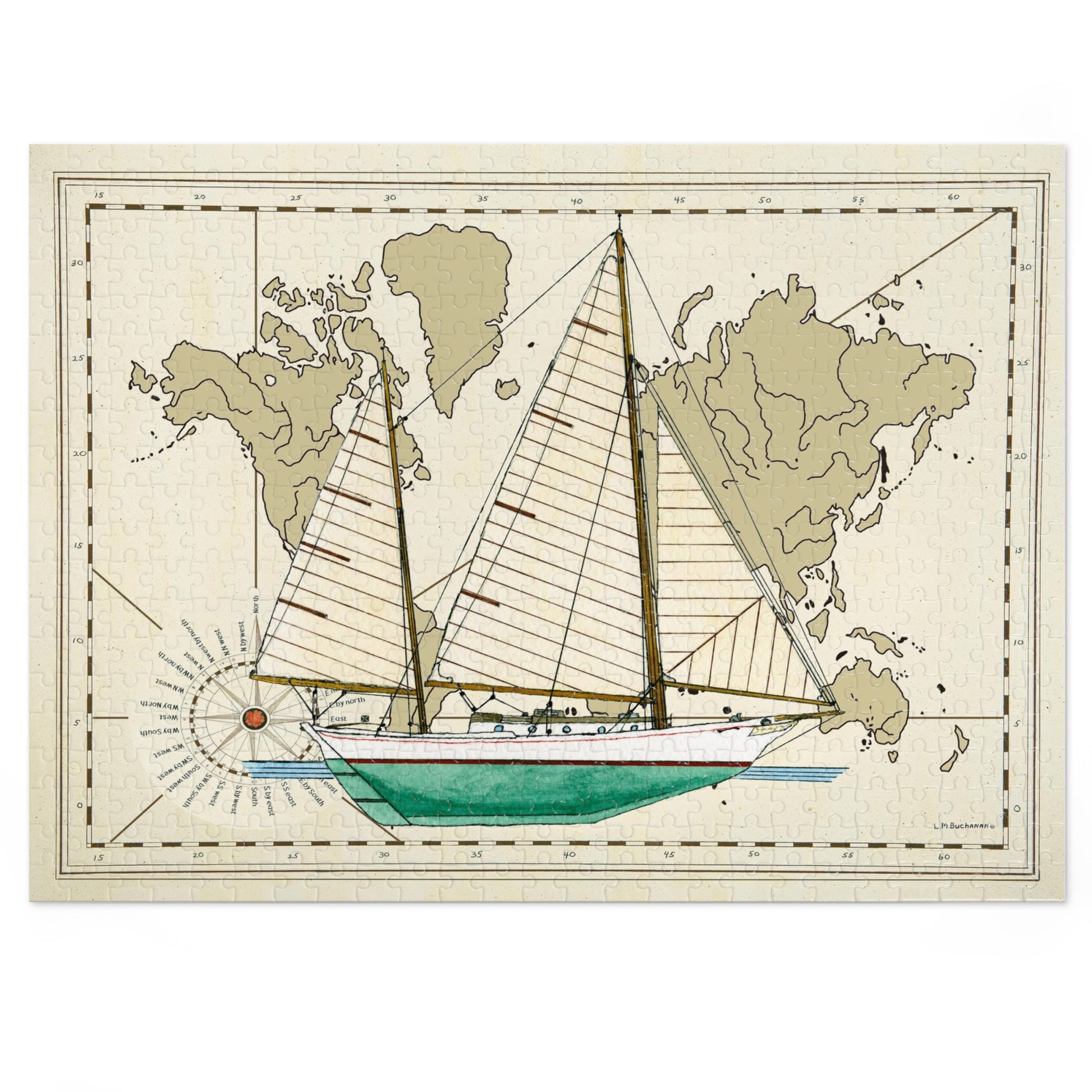 The Radiant Star Clipper Bowed Cruising Ketch has a flat transom, an outboard rudder and clipper bow. Sailing enthusiasts will enjoy using this puzzle with family and fiends. A great gift for your favorite sailor!   The puzzle design features the Radiant Star over a  world map, designed by artist Lee M. Buchanan.