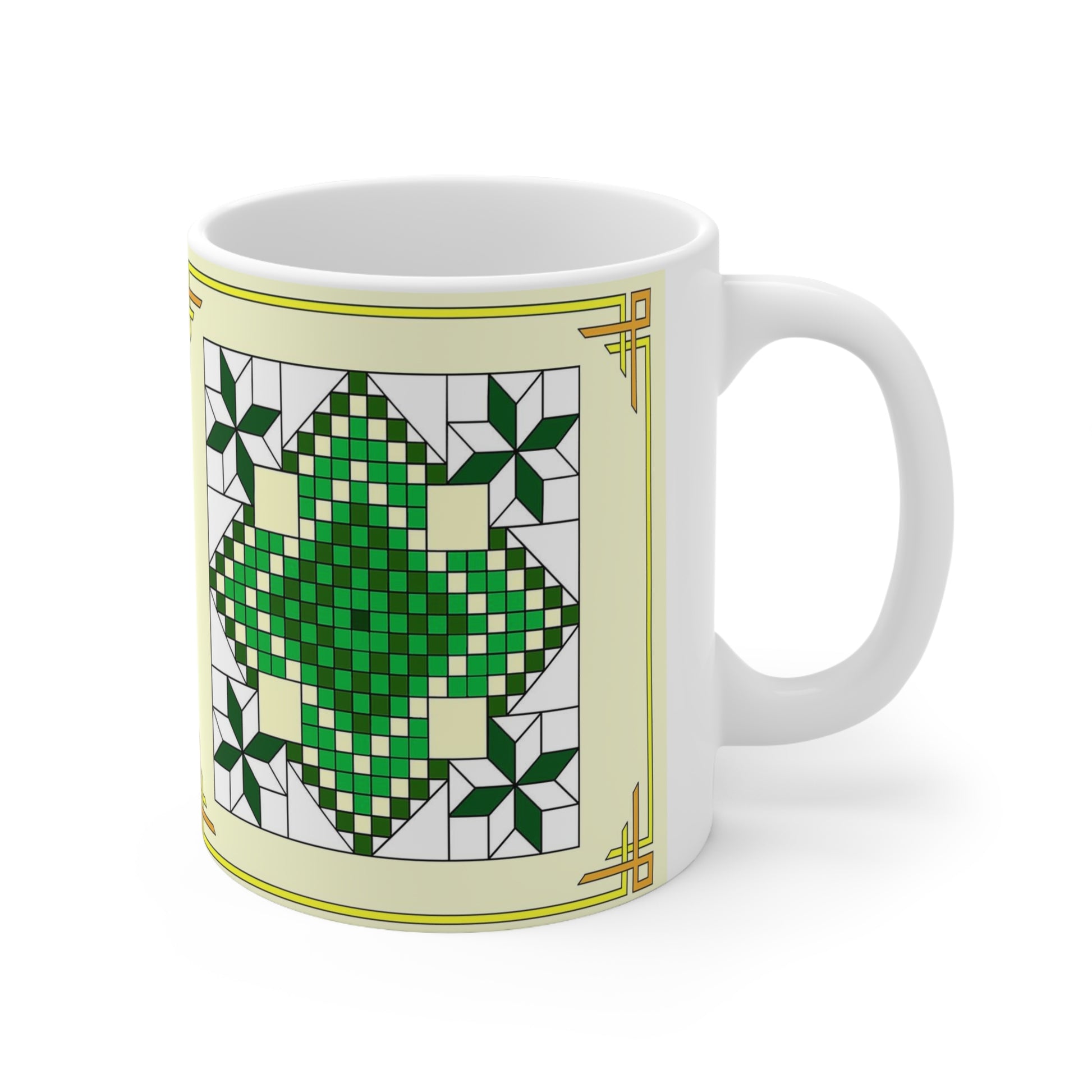 The Lincoln Quilt Design is a reproduction of a fine art design by artist Lee M. Buchanan and has the image on the front and back of the mug. This pattern style is usually listed in the Octogons, Diamonds and 8-Point Star group.