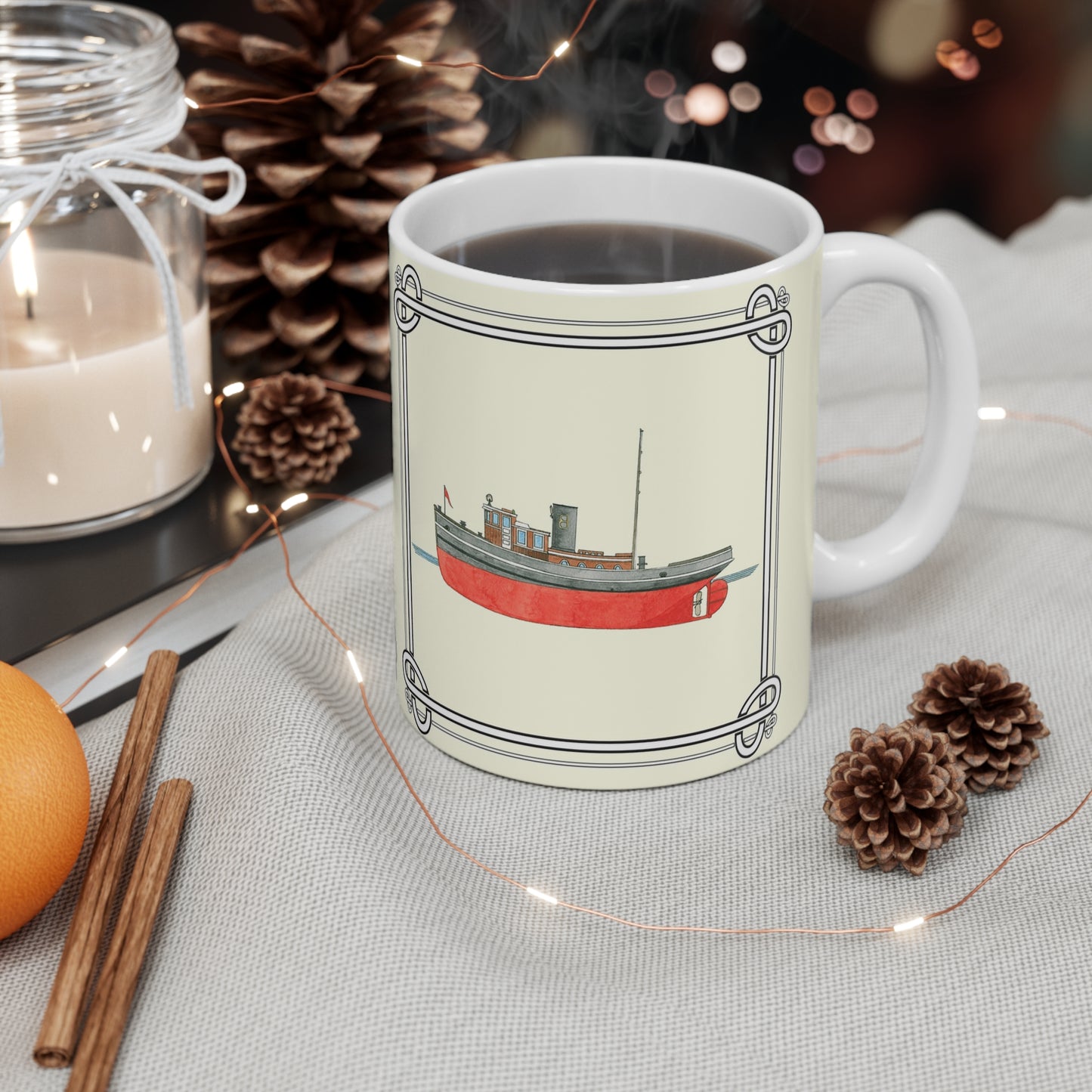Enjoy a cup of your favorite beverage in the Bright Star Diesel Tugboat Mug.