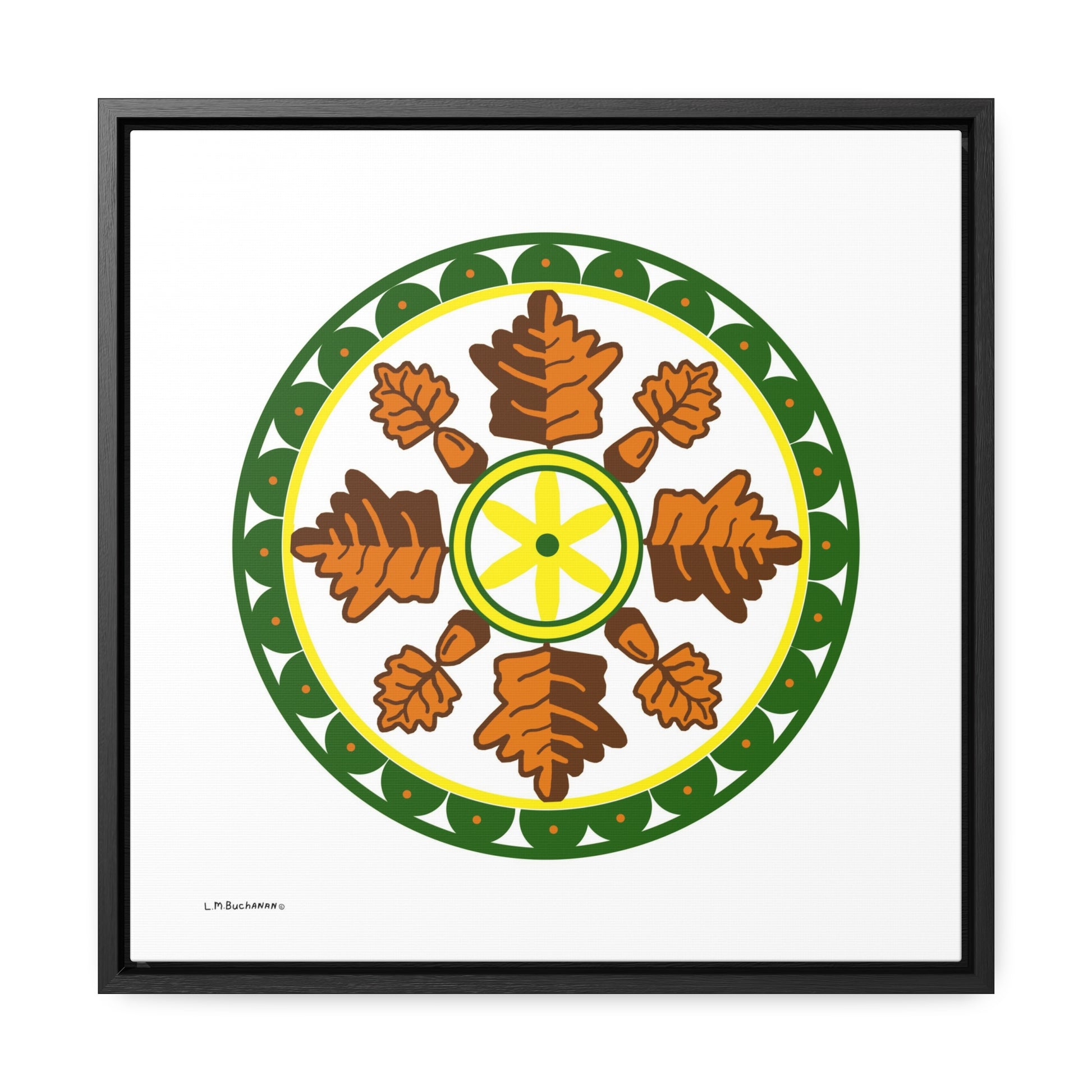 The mighty oak has long been a traditional and favorite Folk Art design for strength, character and long life. Brown represents Mother Earth, yellow emphasizes the sun and man's connection with God, and green represent growth and fertility.  The Oak Leaf Folk Art image is a reproduction of a fine art design by Lee M. Buchanan.