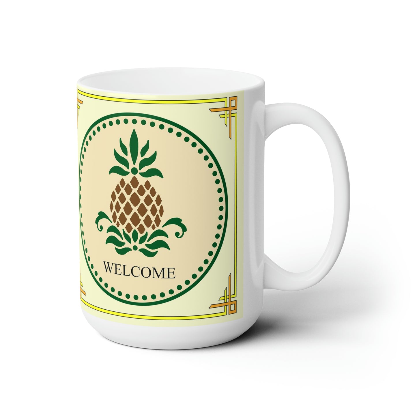 Start your day or entertain friends when you serve steaming cups of coffee, tea or hot chocolate in these attractive Welcome Folk Art Design 15 oz. mugs. The pineapple has long been a symbol of hospitality and a welcoming spirit and will be  appreciated by your guests.  The Welcome Folk Art Design Mug image is a reproduction of a creative art design by artist Lee M. Buchanan.