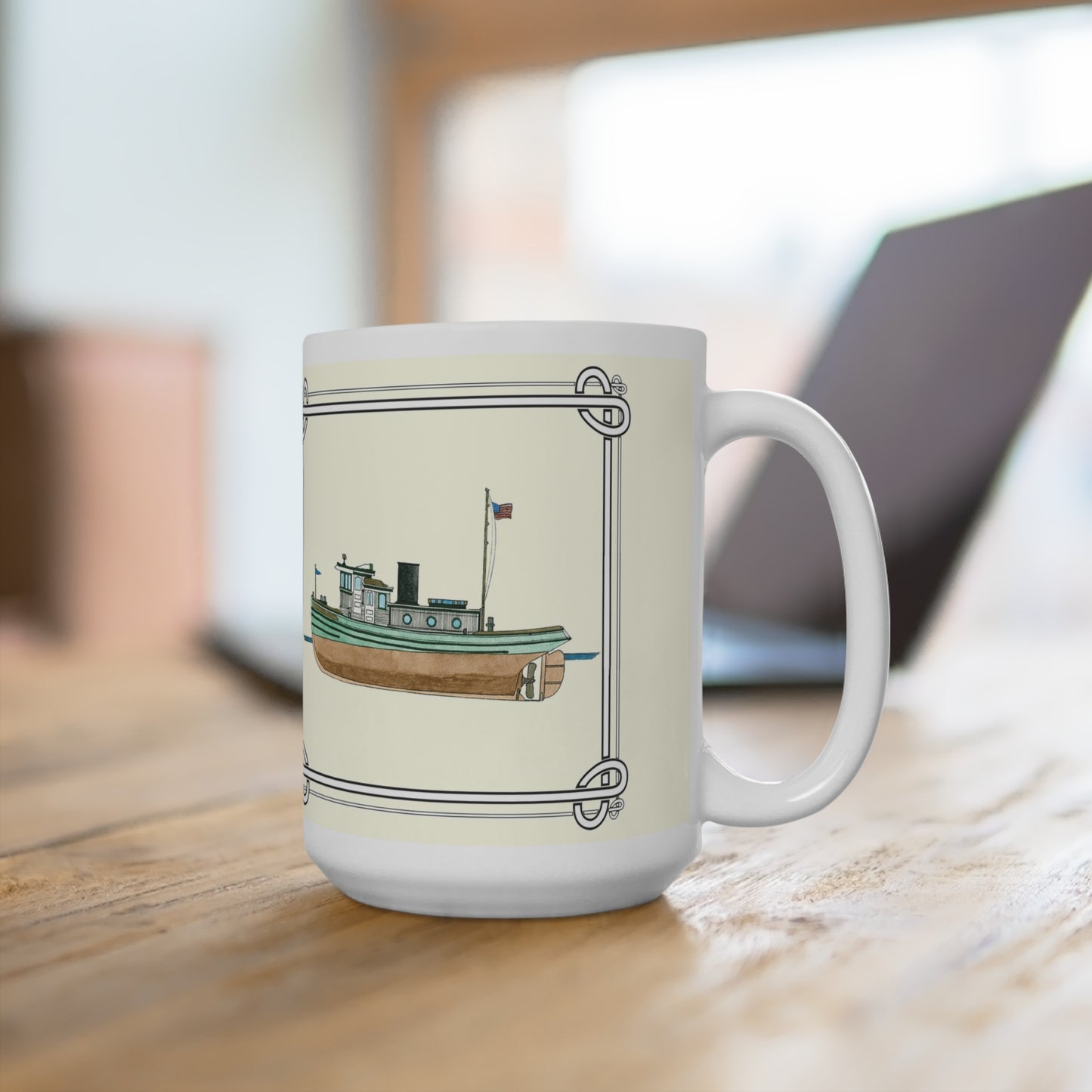 Enjoy your favorite beverage in the Zephyr Tugboat Mug as you work on your laptop.The Zephyr Diesel Tugboat was a New York Harbor Tug Boat with classic tugboat styling. The mug design is a reproduction of an original watercolor by Lee M. Buchanan and has the image on the front and back of the mug. 