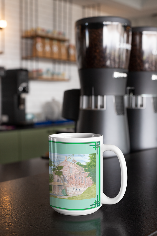 The General Store in New Jersey’s Basto Village State Park recalls a bygone day when the general store was the center of community activity. Enjoy a cup of Coffee, Tea or Hot Chocolate as you gaze at this delightful scene! The General Store image is framed in Spring green to capture the beauty of the General Store in the freshness of the new season. The mug image is a reproduction of an original watercolor by Lee M. Buchanan.