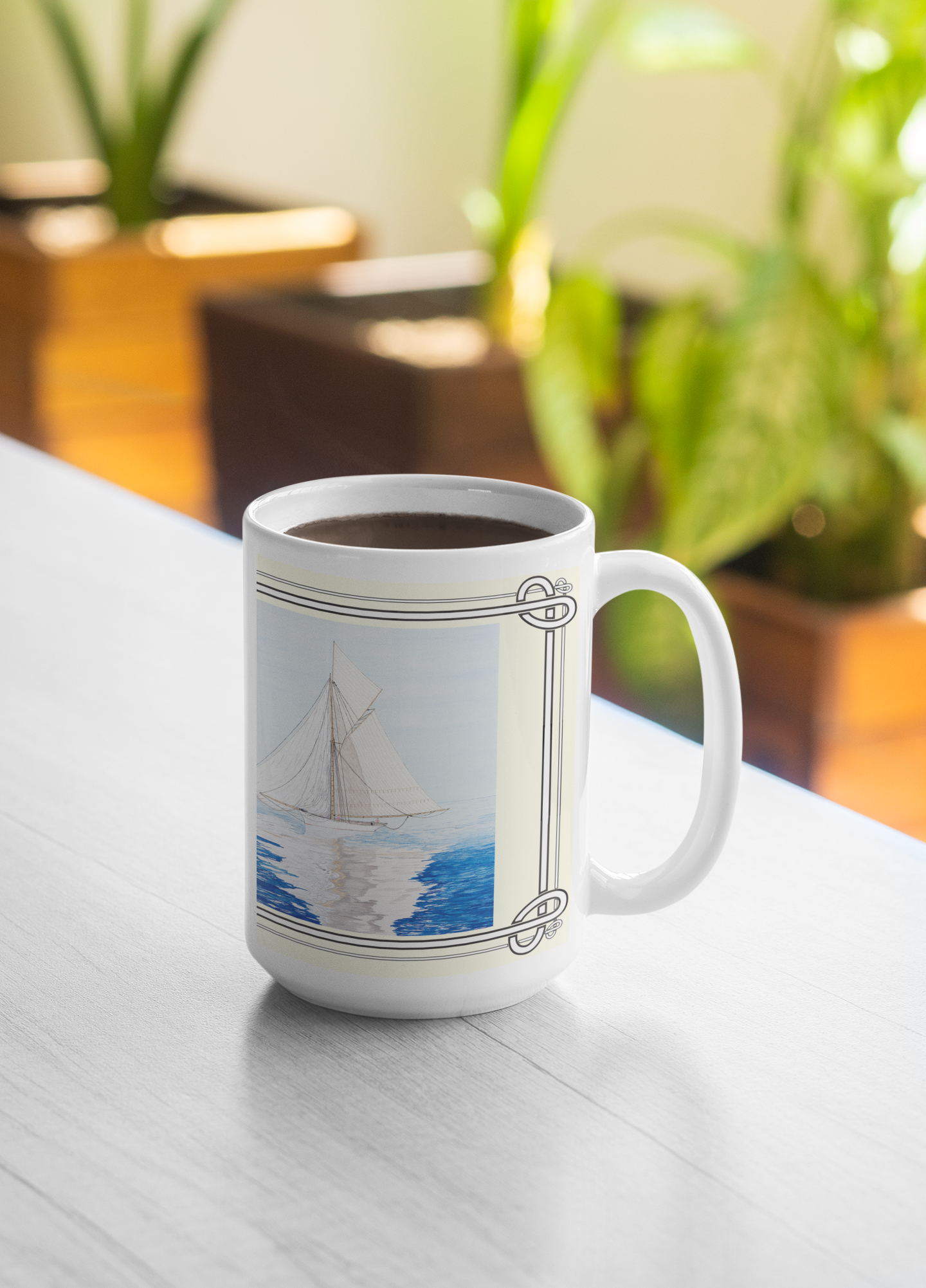 A cutter is becalmed on the run as the racer waits for a breeze on the dlownward leg of the race. The Becalmed 15 ounce mug is a reproduction of a watercolor painting by Lee M. Buchanan.
