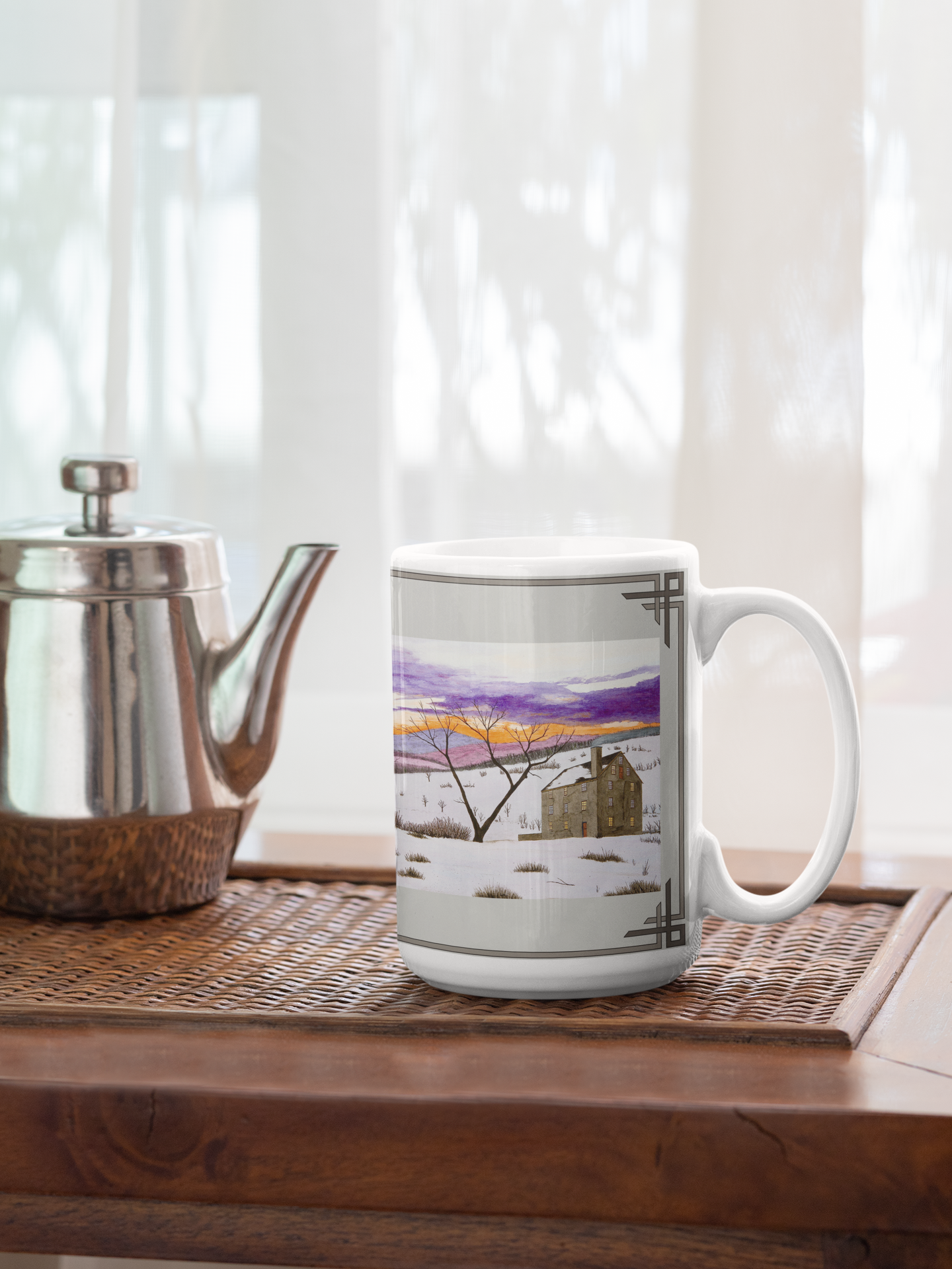 At sunset, this old farmhouse beckons us to come in from the snow and enjoy a mug of hot coffee, tea, or hot chocolate. In Winter, you'll appreciate being inside with your favorite hot beverage in this mug, and on a hot Sumer day, this charming snow scene will be a refreshing sight!      The mug design is a reproduction of an original watercolor by Lee M. Buchanan and has the image on the front and back of the mug.