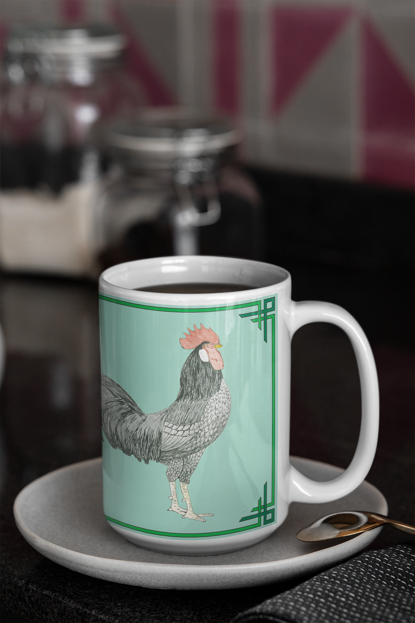 Enjoy your favorite hot beverage in our 15 oz. Adam Rooster mug.