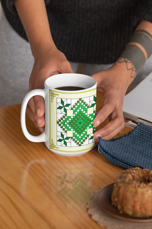 The Lincoln Quilt Design is a reproduction of a fine art design by artist Lee M. Buchanan and has the image on the front and back of the mug. This pattern style is usually listed in the Octogons, Diamonds and 8-Point Star group.