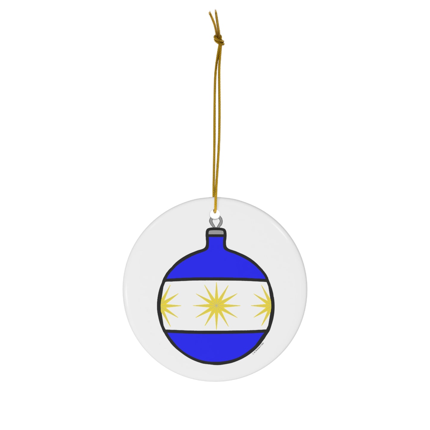 Blue Ball with Gold Stars Round Ceramic Ornament