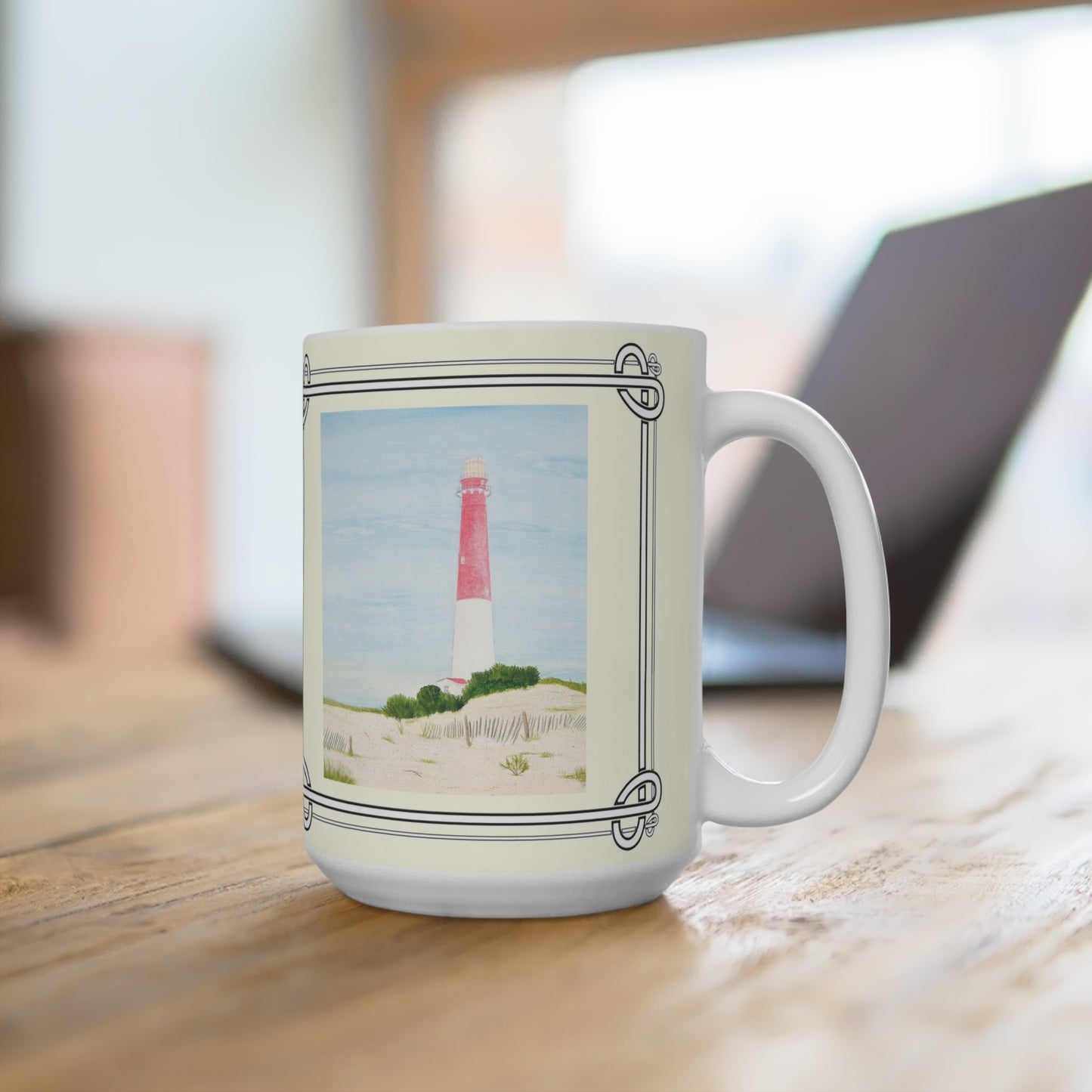Enjoy your beverage in the 15 oz. Barnegat Lighthouse Mug as you work on your laptop.