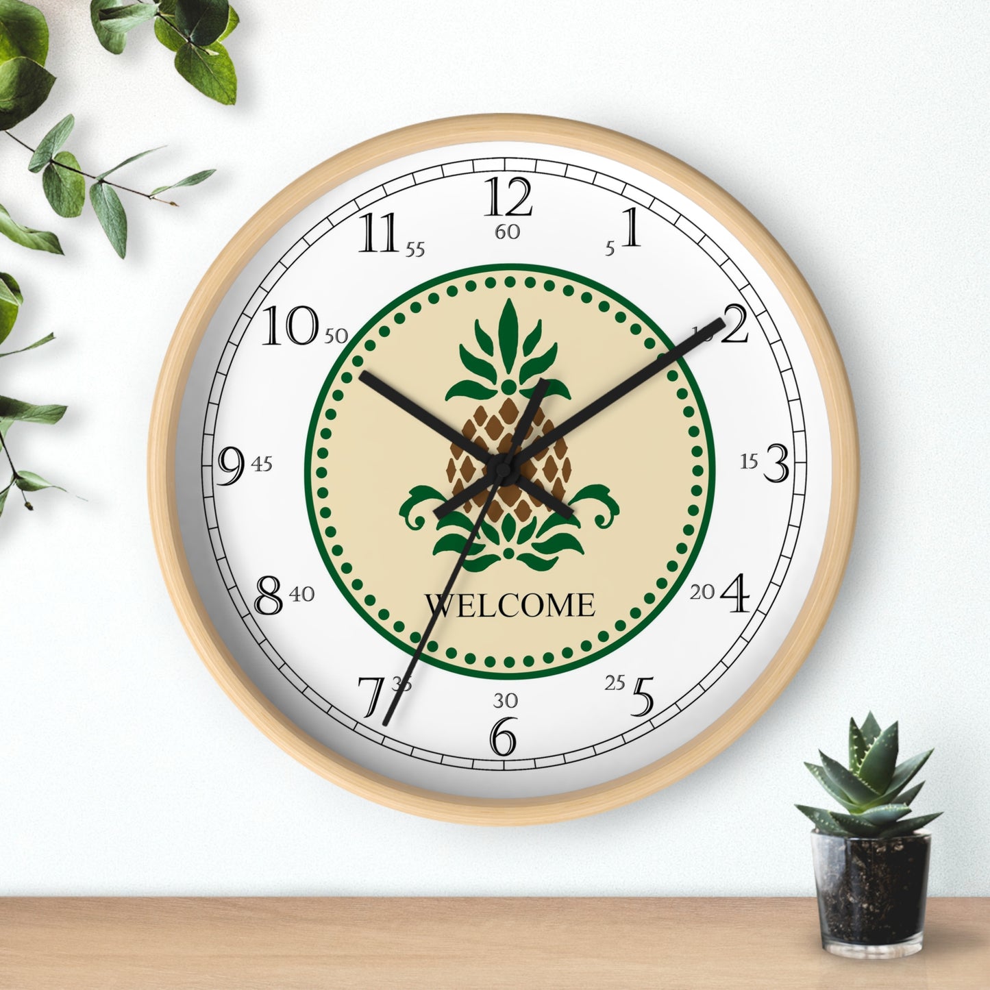 The Welcome Folk Art Design English Numeral Clock is a reproduction of a fine art design by artist Lee M. Buchanan. The pineapple has long been a symbol of welcome and hospitality. Place this stunning Folk Art Design clock on your wall and say "Welcome!" to all who visit and enjoy your special hospitality.