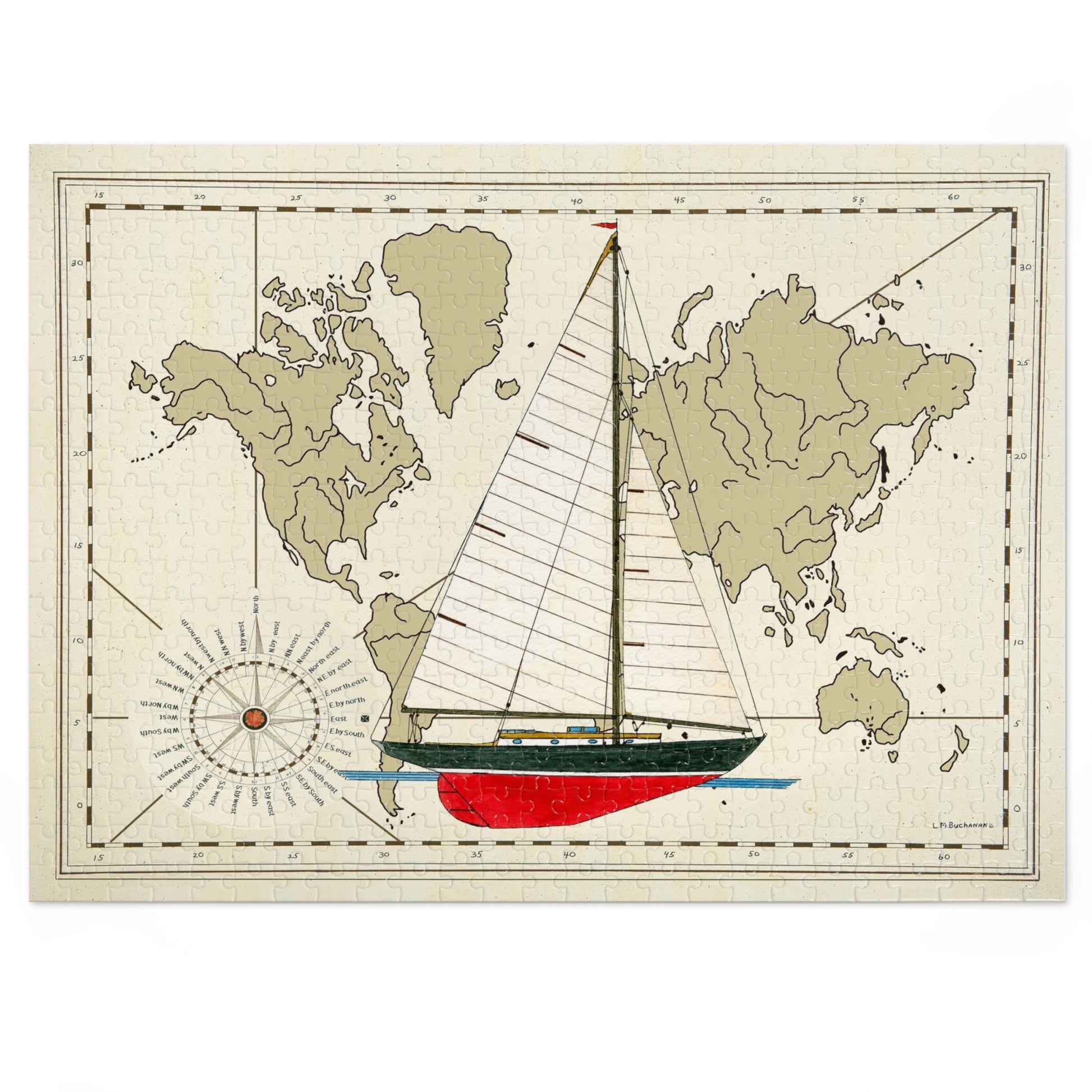 If you love sailing, history and maps, this attractive 500 piece puzzle is perfect for family fun or as a gift. The puzzle design is by artist Lee M. Buchanan and features Twilight, a cruising racing sloop with the pleasing profile typical of those built in the 1930's. A world map is in the background. The puzzle ships in a gift-ready metal box for a show-stopping presentation.