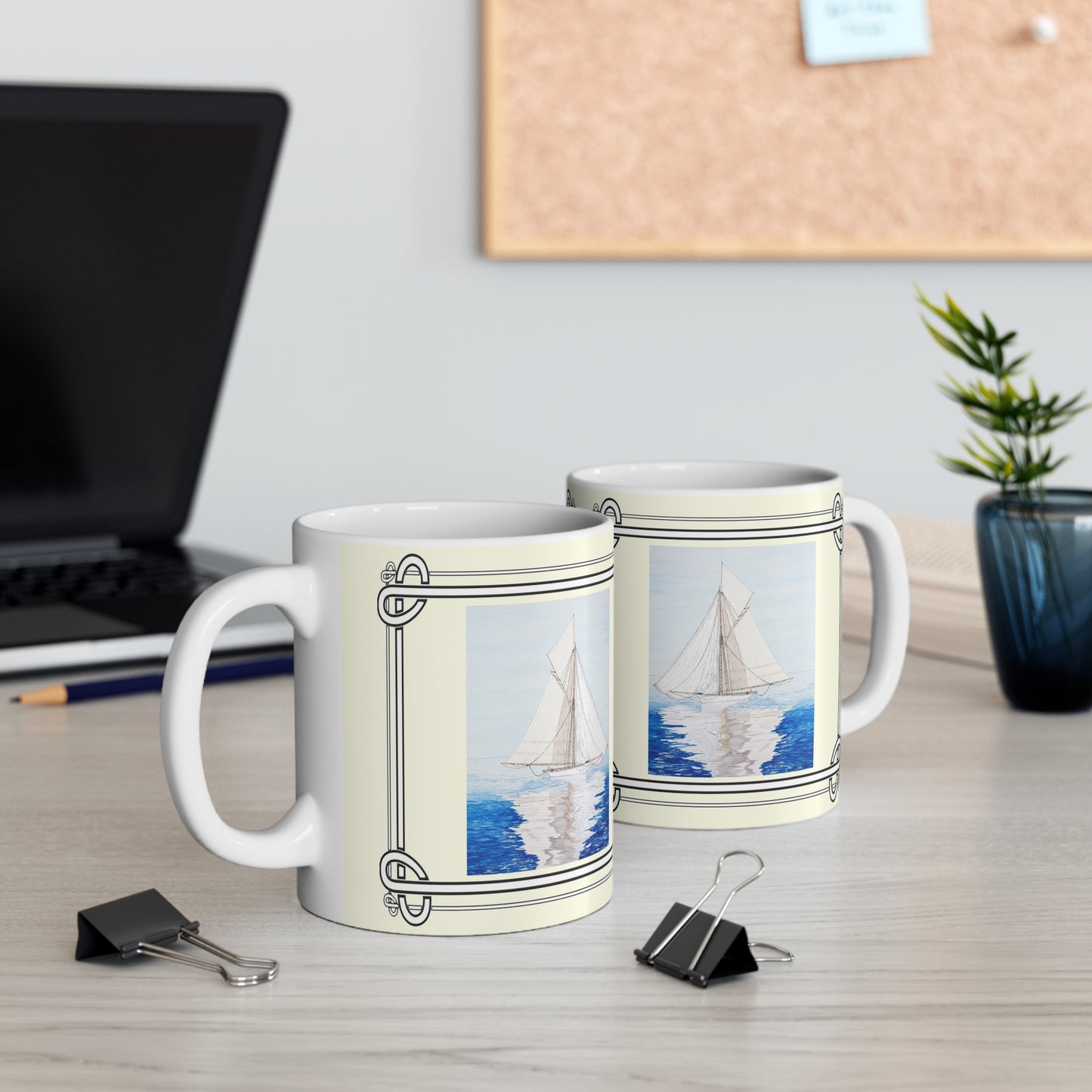 Enjoy a pair of the Becalmed 11 oz. Mugs when your work together on a project.