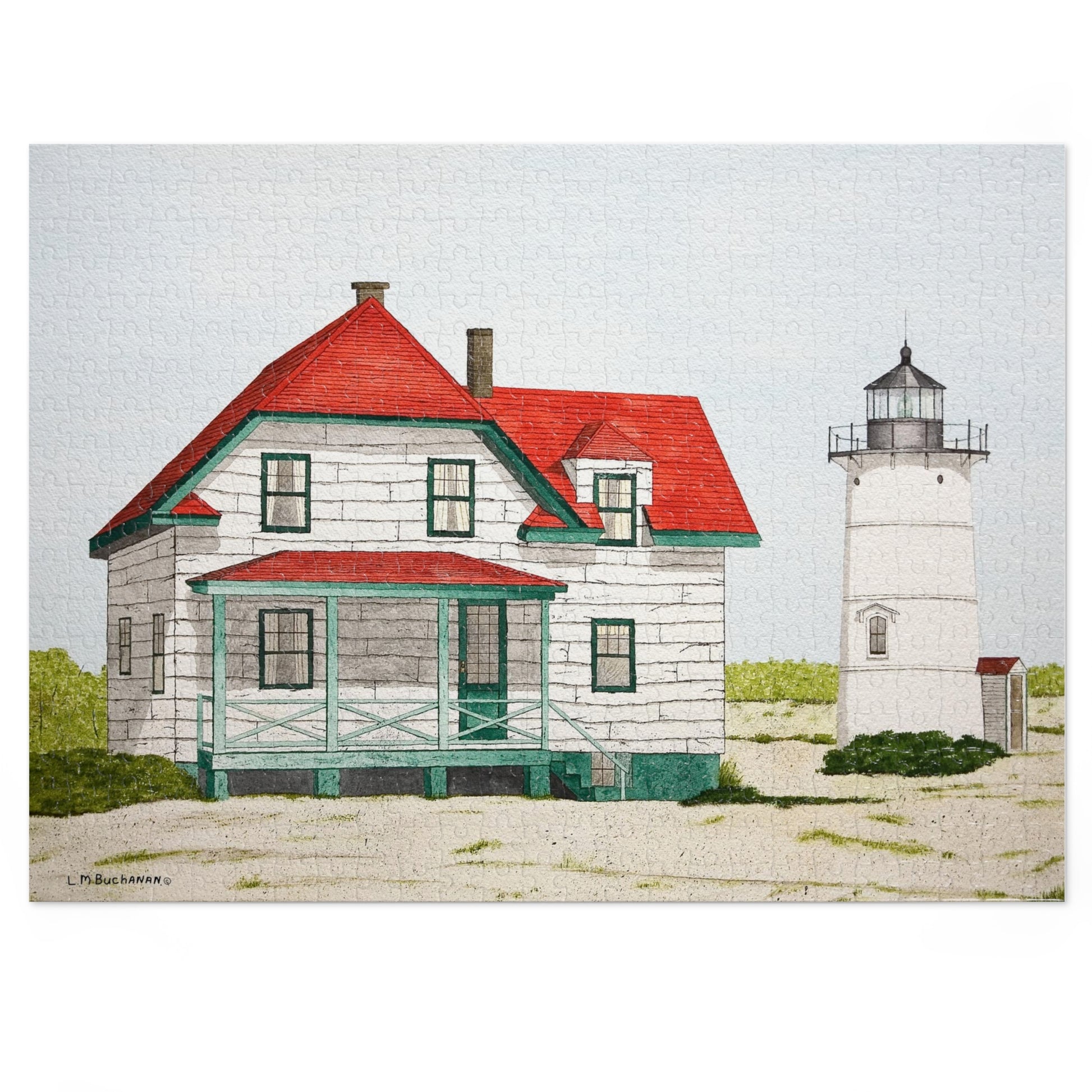 The Forgotten Light Jigsaw Puzzle is a reproduction of a watercolor painting by artist Lee M. Buchanan. Also known as Race Point Light, it is near Provincetown on Cape Cod, Massachusetts. Its isolated location made it unpopular iwth its keepers. Althought it fell into disrepair after is was aitomated in 1976, it has since been restored. 