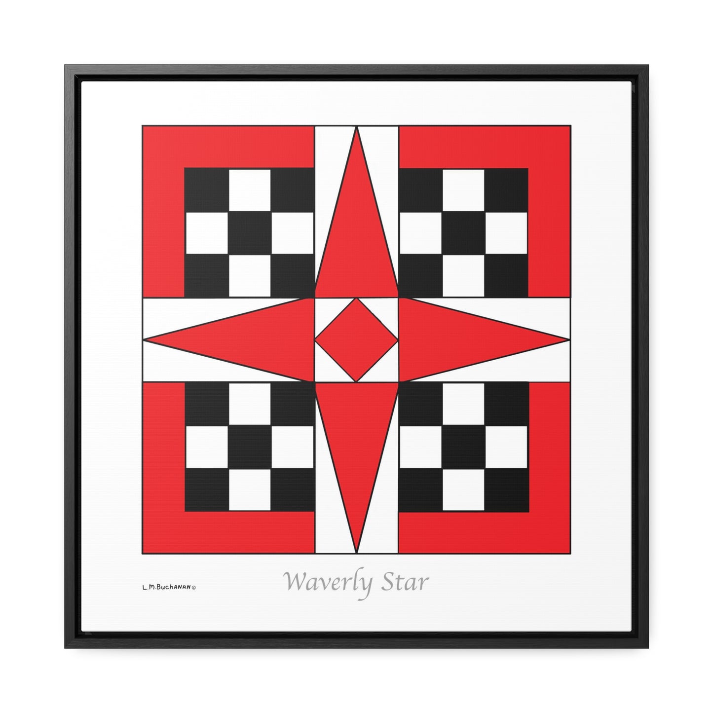 The Waverly Star Quilt Design Gallery Canvas Wrap is a reproduction of a fine art design by artist Lee M. Buchanan. This design is usually listed in the Five Patch Quilt Pattern Group and is a bold design in black, red and white. If you love quilting and appreciate its craftsmanship, add the Waverly Star Quilt Design Gallery Canvas Wrap to you art collection today!