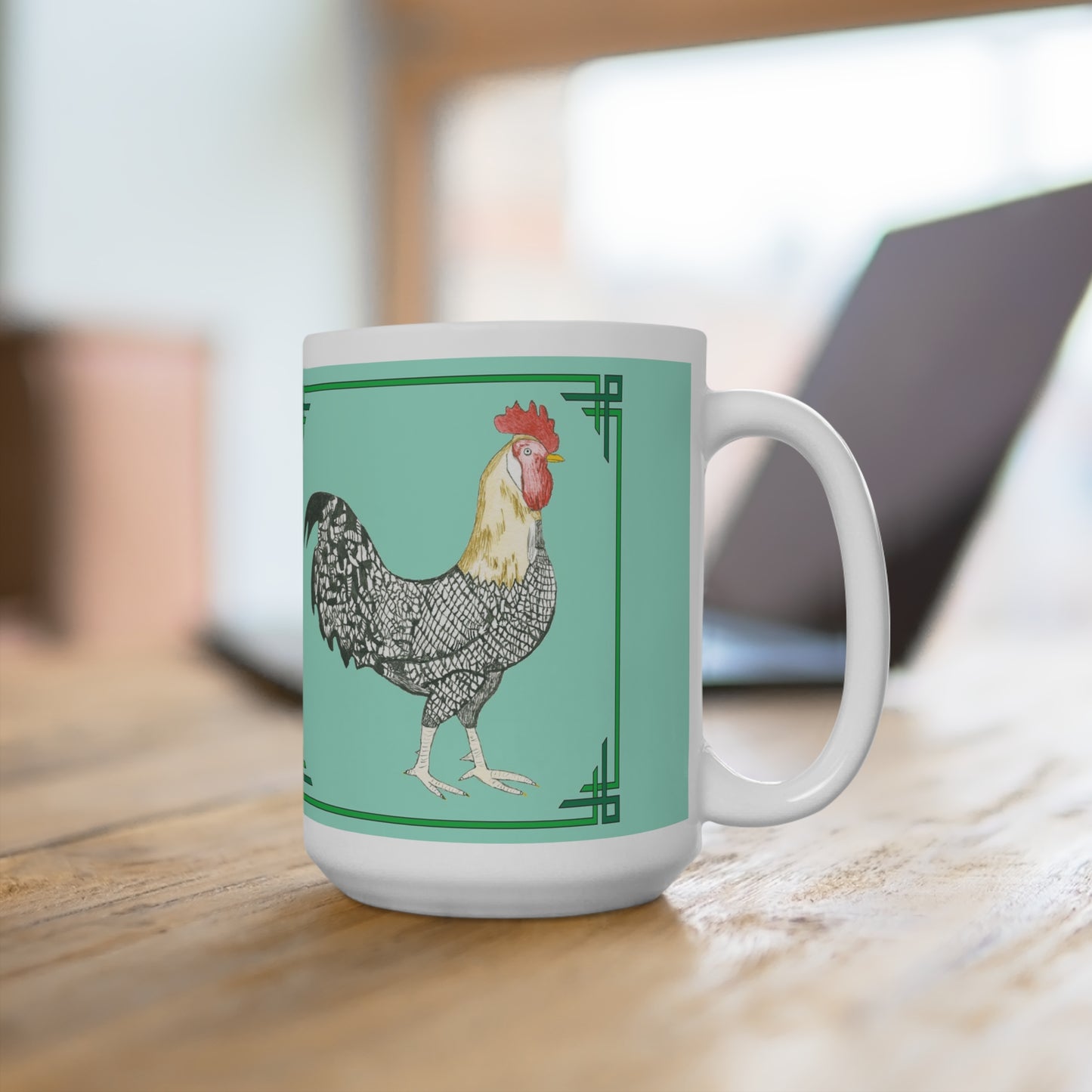 Charlie Rooster is a special bird. Enjoy your favorite beverage  in the Charlie Rooster Mug as you work on your laptop.
