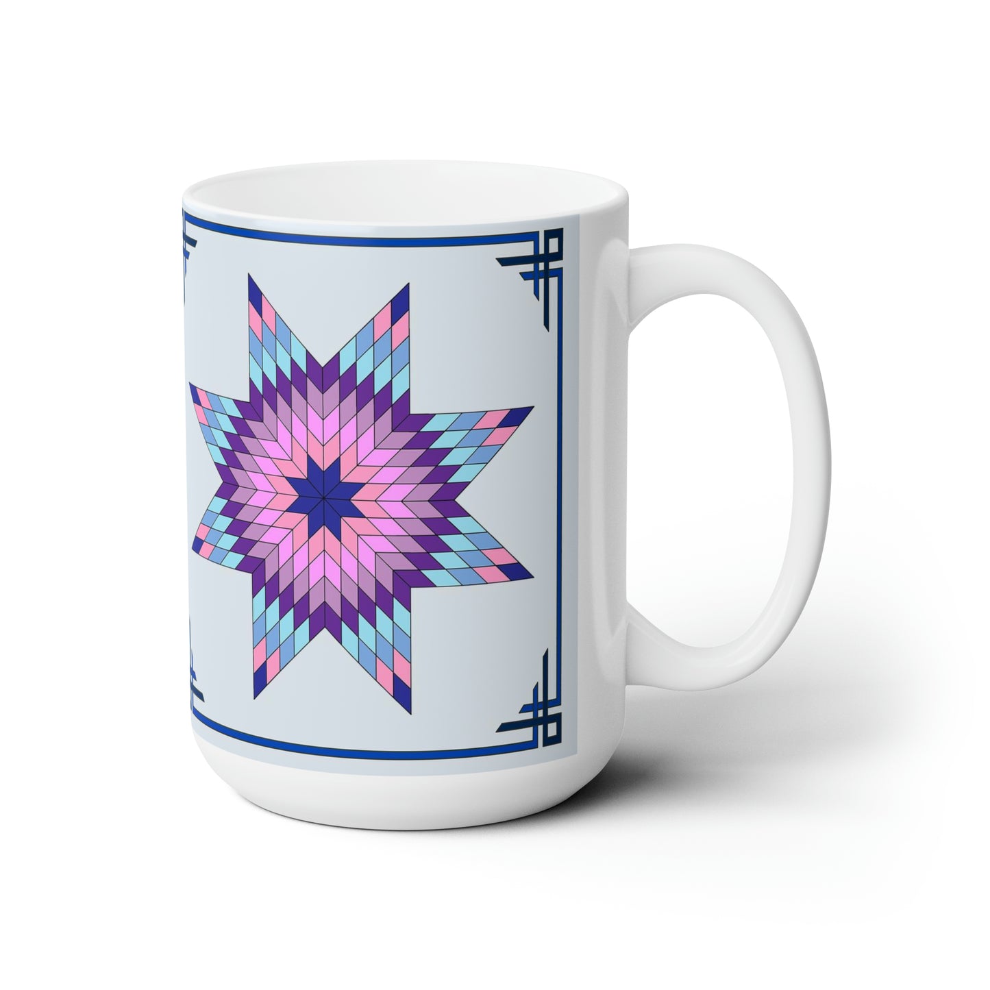 Enjoy a cup of your favorite hot beverage as you plan your new quilting project! The Star of Bethlehem Quilt Design 15 oz. Mug is a reproduction of a fine art design by artist Lee M. Buchanan and has the image on the front and back of the mug. This pattern style is usually listed in the Octogons, Diamonds and 8-Point Star group. If you love to quilt or appreciate the style and craftsmanship involved, this mug will be a favorite part of your quilting enjoyment!