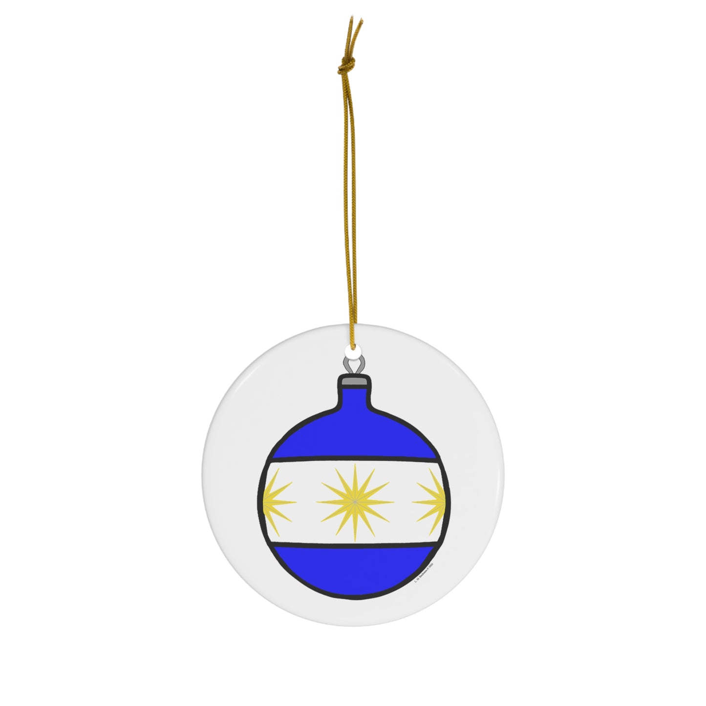 Blue Ball with Gold Stars Round Ceramic Ornament